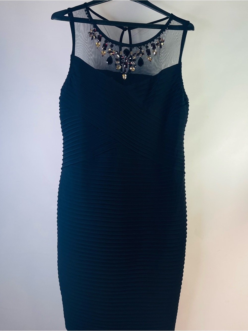 dressbarn Black Midi Sheath Dress with Jeweled Illusion Neckline